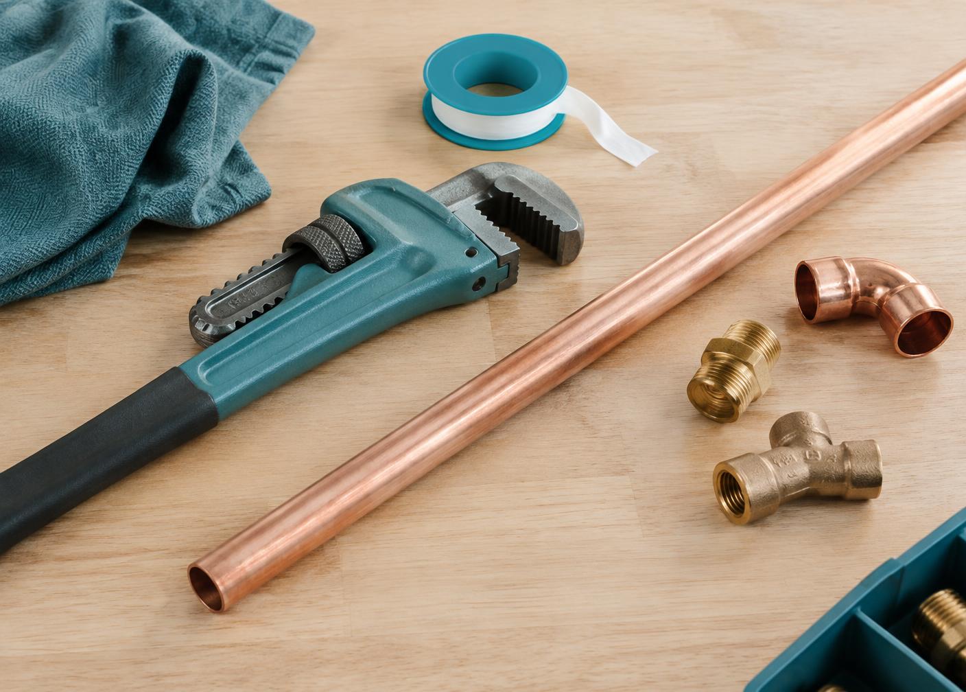 Pipe wrench, copper pipe, PTFE tape and brass fittings laid out on a wooden workbench